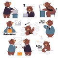 Bear Staff or Office Employee in Tie and Suit at Laptop Executing Task and Drinking Coffee Vector Set