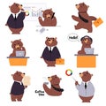 Bear Staff or Office Employee in Tie and Suit Speaking by Phone and Executing Task Vector Set