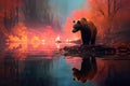 bear standing near a river with fire reflection