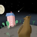 The bear is standing and watching a star fall from the sky Royalty Free Stock Photo