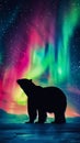 A bear stands in front of a beautiful aurora