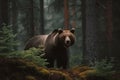 The bear stands in a gloomy forest. Generative AI