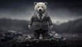 A bear stands in the middle of a pile of plastic waste. looking for food and shelter Concept of saving the world. Generative AI