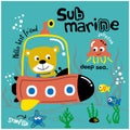 Bear and submarine on the deep sea funny animal cartoon Royalty Free Stock Photo