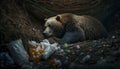A bear in a suit lying next to a pile of garbage in the rain, Concept of saving the world. Generative AI