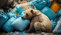 A bear in a suit lying next to a pile of garbage in the rain, Concept of saving the world. Generative AI