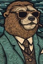 A bear in a suit and tie smoking a cigarette, AI