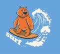 Bear surf on big wave cool summer t-shirt print. Animal ride surfboard