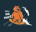 Bear surfer cool summer t-shirt print. Wild animal ride surfboard