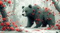 Serene Bear Amidst Red Blossoms in Misty Forest Royalty Free Stock Photo