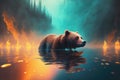 bear swimming through the water, escaping forest fire