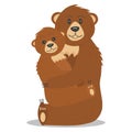 Bear and a teddy bear are sitting with their arms around each other. Mom and baby hug Royalty Free Stock Photo