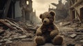 a bear toy as it stands amid the ruins and wreckage of conflict, drawing attention to the universal need for peace.