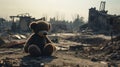 a bear toy as it stands amid the ruins and wreckage of conflict, drawing attention to the universal need for peace.