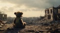 a bear toy as it stands amid the ruins and wreckage of conflict, drawing attention to the universal need for peace.