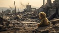 a bear toy as it stands amid the ruins and wreckage of conflict, drawing attention to the universal need for peace.