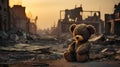 a bear toy as it stands amid the ruins and wreckage of conflict, drawing attention to the universal need for peace.