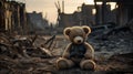 a bear toy as it stands amid the ruins and wreckage of conflict, drawing attention to the universal need for peace.