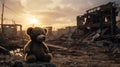 a bear toy as it stands amid the ruins and wreckage of conflict, drawing attention to the universal need for peace.