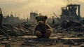 a bear toy as it stands amid the ruins and wreckage of conflict, drawing attention to the universal need for peace.