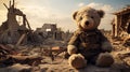 a bear toy as it stands amid the ruins and wreckage of conflict, drawing attention to the universal need for peace.