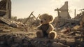 a bear toy as it stands amid the ruins and wreckage of conflict, drawing attention to the universal need for peace.