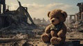 a bear toy as it stands amid the ruins and wreckage of conflict, drawing attention to the universal need for peace.