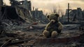 a bear toy as it stands amid the ruins and wreckage of conflict, drawing attention to the universal need for peace.