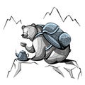 Bear traveler in patterns drinking tea on a clear Sunny day on a high mountain.