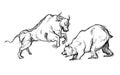 Bear versus bull strong fighting hand drawn sketches white isolated background Royalty Free Stock Photo