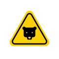 Bear warning sign. Yellow triangle with black bear head in line frame. Vector isolated on white.