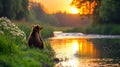 Bear watching a sunset by a river in the wild Royalty Free Stock Photo