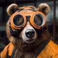 Bear wearing goggles closeup working aviator pilot. Created using ai generative.