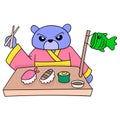 A bear wearing a kimono clothes eating a Japanese menu, doodle icon image kawaii