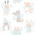 Bear, wolf, reindeer, hare, fox, penguin baby winter seamless pattern. Cute animal Christmas background. Royalty Free Stock Photo