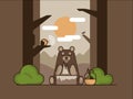 Bear in the woods sitting makes a hill next to a jar of honey and a singing bird on a tree branch. Royalty Free Stock Photo