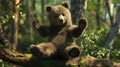 A bear with a Zenlike expression balancing on one paw while the other rests on its forehead in a comical tree pose