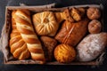 Beard, buns, muffins, bread loaves, bread rolls and pastry in a wicker basket, top view, flat lay