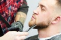 Beard care. man while trimming his facial hair cut at the barbershop Royalty Free Stock Photo