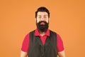 Beard divides boys from men. Bearded man orange background. Happy hipster with long beard hair. Grooming mustache and