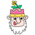 The beard faced old dwarf head smiled with a plant on top of his head. carton emoticon. doodle icon drawing