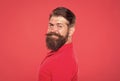 Beard fashion. Barber concept. Man bearded hipster red background. Barber tips. Beauty standard. Perfect male