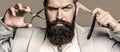 Beard man, bearded male. Portrait beard man. Barber scissors and straight razor, barber shop, suit Royalty Free Stock Photo