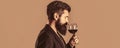 Beard man, bearded, sommelier tasting red wine. Man with a glass of red wine in his hands. Sommelier, degustator with Royalty Free Stock Photo