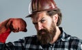 Beard man. brutal mature hipster wear checkered shirt. labor day. building and repairing Royalty Free Stock Photo