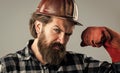 Beard man. brutal mature hipster wear checkered shirt. labor day. building and repairing Royalty Free Stock Photo