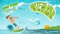 Beard man character riding on kiteboard. Bright illustration in flat cartoon style