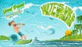 Beard man character riding on kiteboard beside island. Bright illustration in flat cartoon style