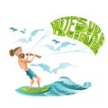 Beard man character riding on kiteboard with lettering kitesurfing on his parachute. Bright illustration in flat cartoon style iso Royalty Free Stock Photo