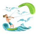 Beard man character riding on kiteboard on white. Bright illustration in flat cartoon style